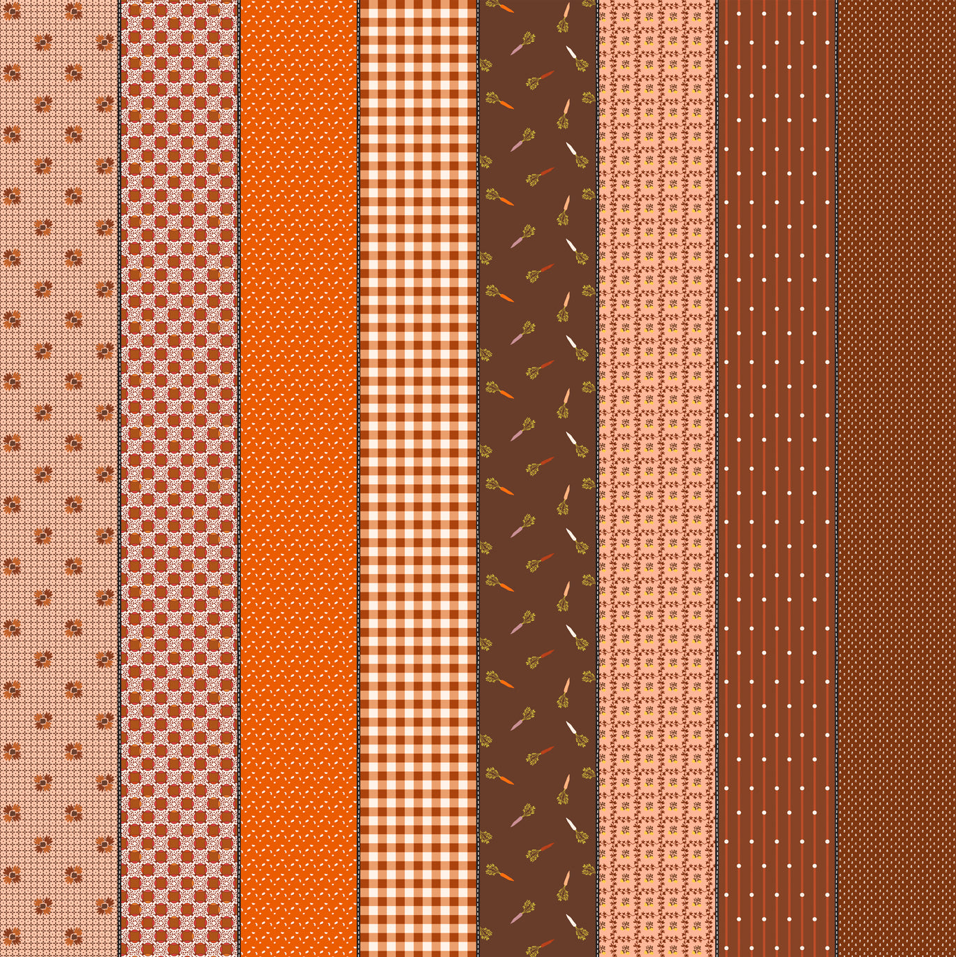 Gathered Lollies Five in Hazel by Jen Kingwell for Moda – eight designs across the width of fabric in rust, brown and orange, including the carrot print (18294 11)