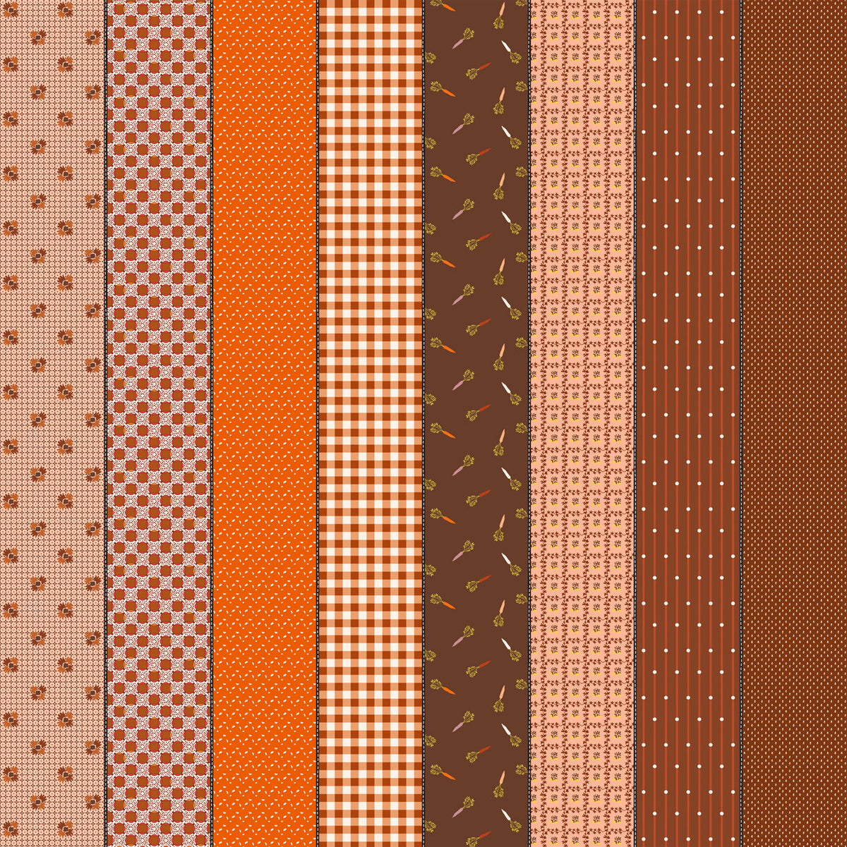 Gathered Lollies Five in Hazel by Jen Kingwell for Moda – eight designs across the width of fabric in rust, brown and orange, including the carrot print (18294 11)