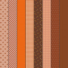 Gathered Lollies Five in Hazel by Jen Kingwell for Moda – eight designs across the width of fabric in rust, brown and orange, including the carrot print (18294 11)