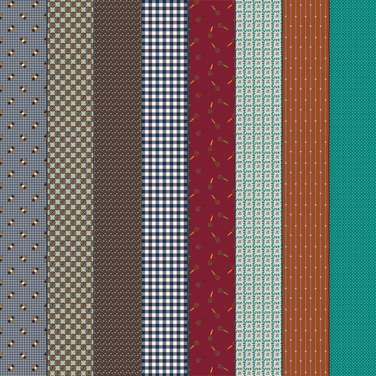 Gathered Lollies Five in Trentham by Jen Kingwell for Moda – eight designs across the width of fabric in teal, navy, brown and burgundy, including the carrot print (18294 12)