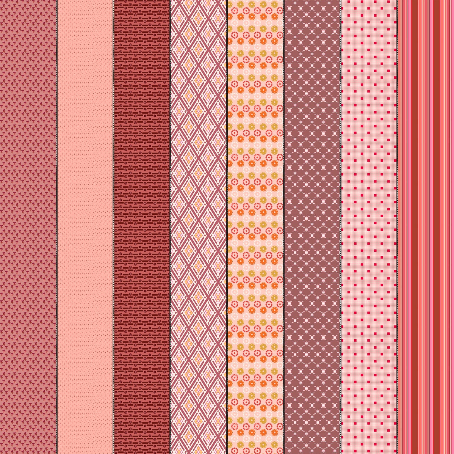 Gathered Lollies Six in Hazel by Jen Kingwell for Moda – eight designs across the width of fabric in pink, magenta and berry (18295 11)