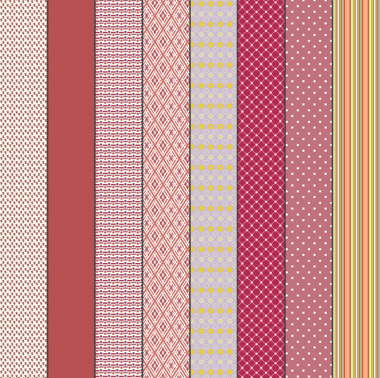 Gathered Lollies Six in Trentham by Jen Kingwell for Moda – eight designs across the width of fabric in pink, lilac, red and yellow (18295 12)