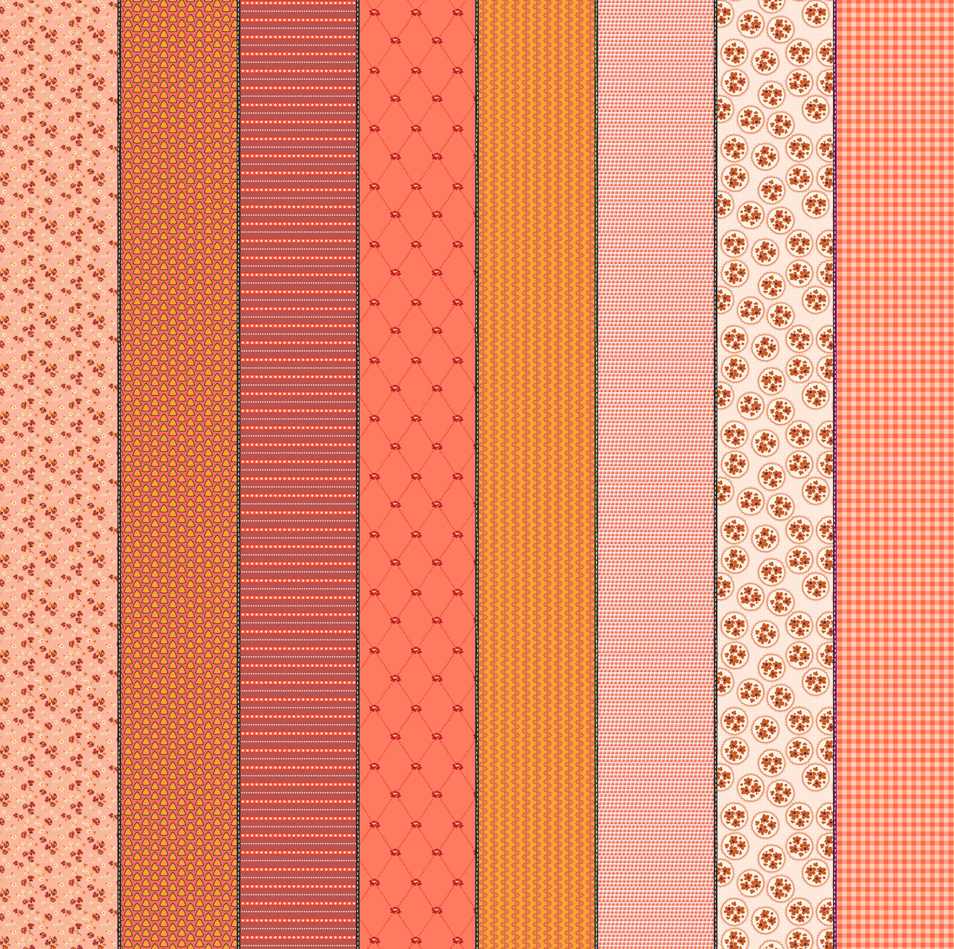 Gathered Lollies Seven in Hazel by Jen Kingwell for Moda – eight designs across the width of fabric in coral, salmon and orange (18296 11)