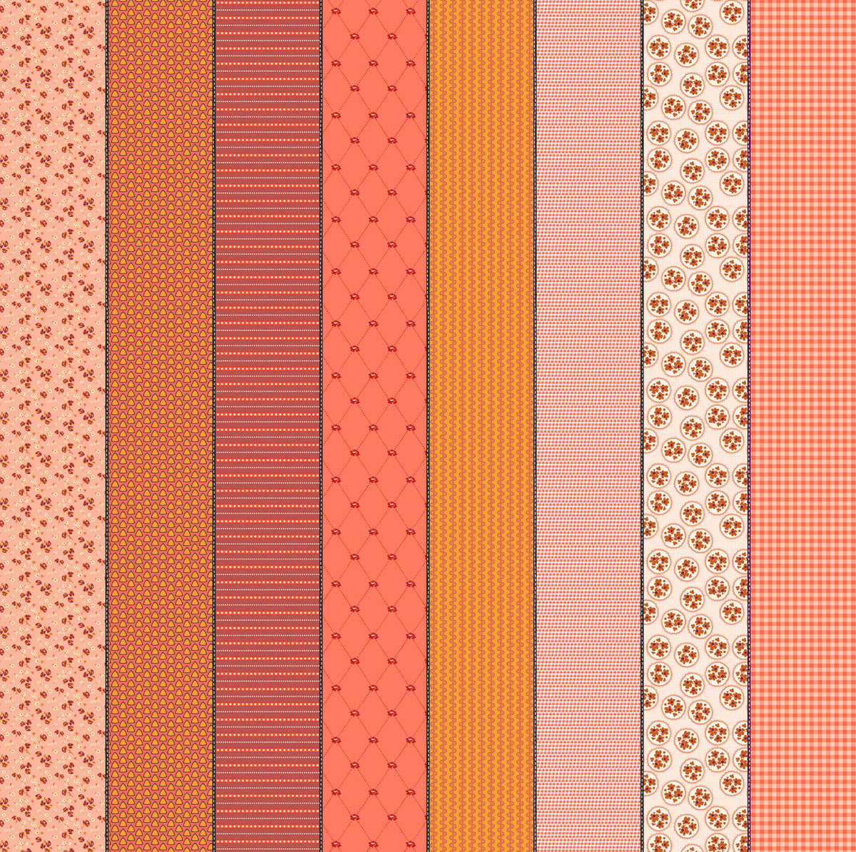 Gathered Lollies Seven in Hazel by Jen Kingwell for Moda – eight designs across the width of fabric in coral, salmon and orange (18296 11)