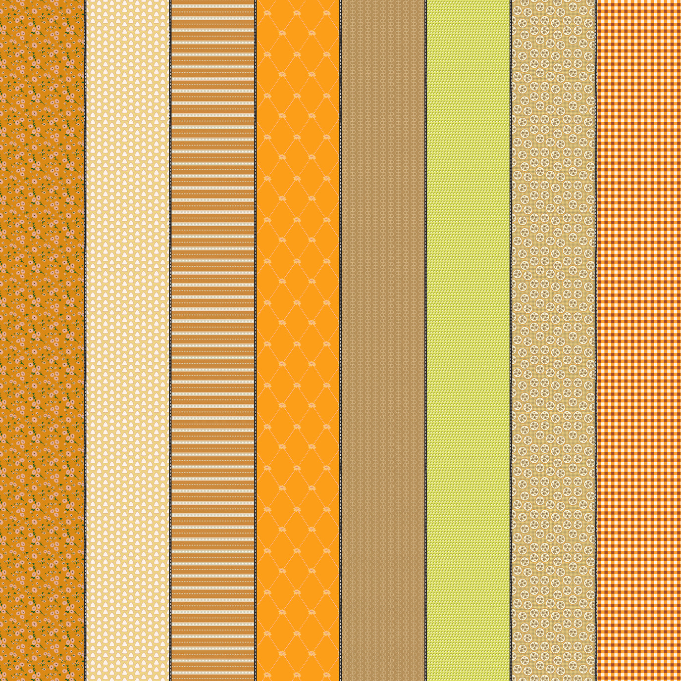 Gathered Lollies Seven in Trentham by Jen Kingwell for Moda – eight designs across the width of fabric in orange, gold and yellow (18296 12)