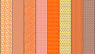 Gathered Lollies Eight in Hazel by Jen Kingwell for Moda – eight designs across the width of fabric in orange, red and coral (18297 11)