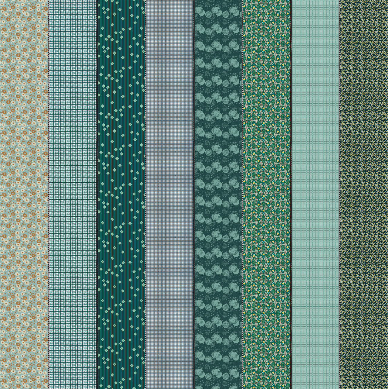 Gathered Lollies Eight in Trentham by Jen Kingwell for Moda – eight designs across the width of fabric in deep teal, green and aqua (18297 12)
