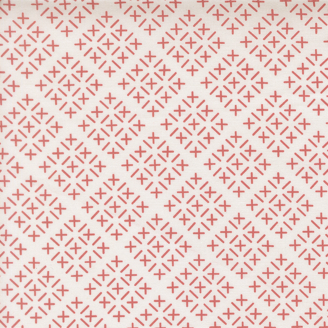 Gathered Bonbons Chicken Scratch in Blush by Jen Kingwell for Moda – cream with a diagonal lattice of coral-red cross stitches (18302 11)