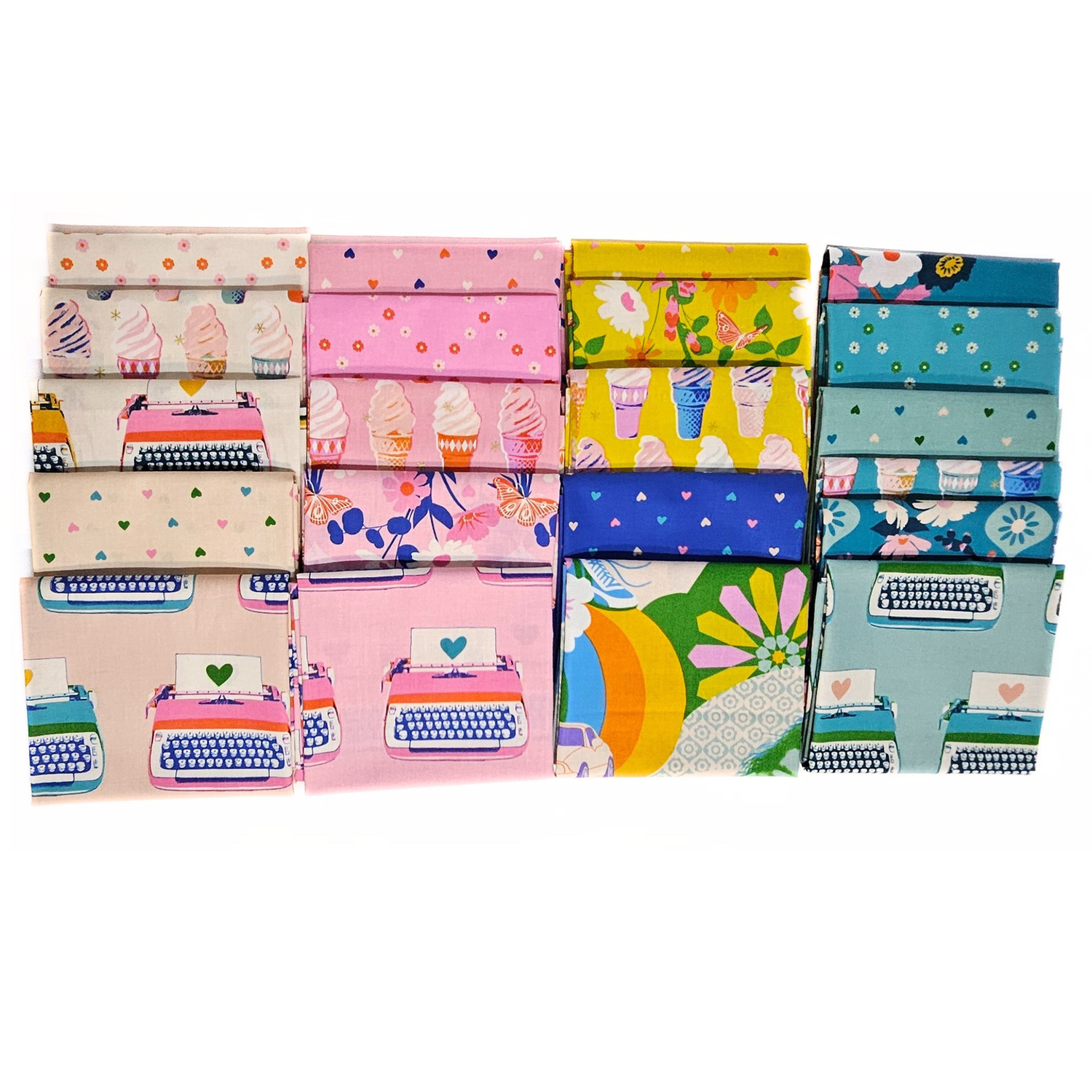 Best Day Ever fat quarter bundle by Ruby Star Society — colourful fabrics with typewriters, ice creams and hearts