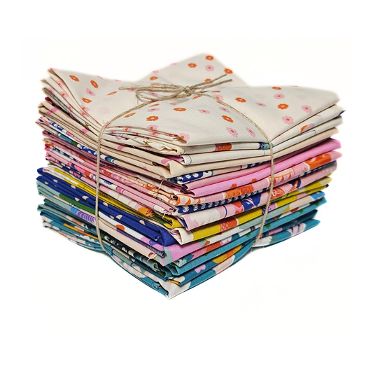 21-piece fat quarter bundle tied with twine — bright pinks, blues and yellows from the Best Day Ever collection