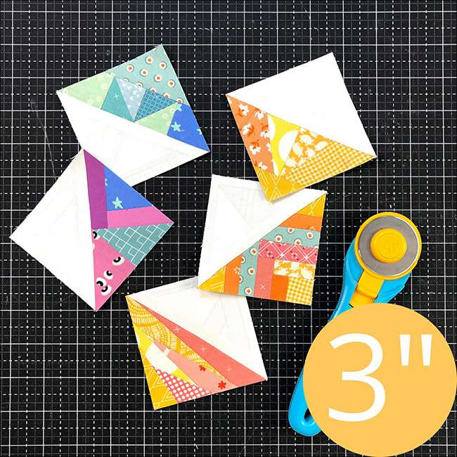 3 inch Scrappy Triangle quilt blocks made with the foundation pad