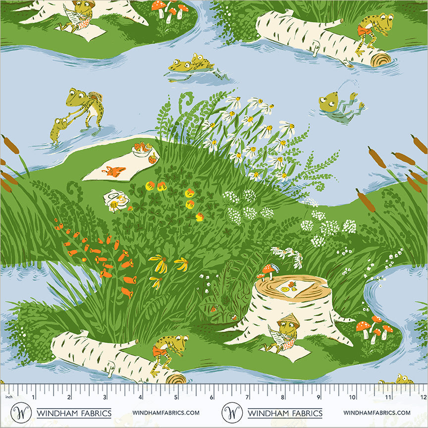 Heather Ross Favorites Frog Pond in Medium Blue by Heather Ross for Windham Fabrics – shown with a ruler for scale (37022D-10)