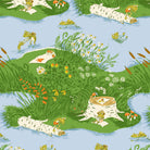 Heather Ross Favorites Frog Pond in Medium Blue by Heather Ross for Windham Fabrics – a scenic blue-green pond with frogs, lily pads and reeds (37022D-10)