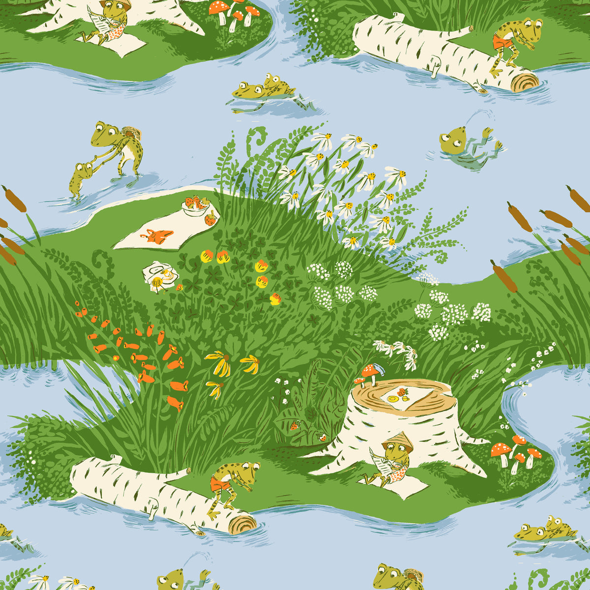 Heather Ross Favorites Frog Pond in Medium Blue by Heather Ross for Windham Fabrics – a scenic blue-green pond with frogs, lily pads and reeds (37022D-10)