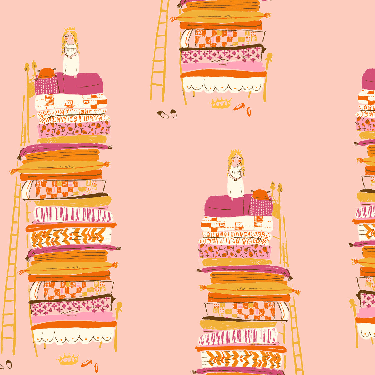 Heather Ross Favorites Princess and the Pea in Pink by Heather Ross for Windham Fabrics – the princess on her stack of mattresses on soft pink (39658D-5)
