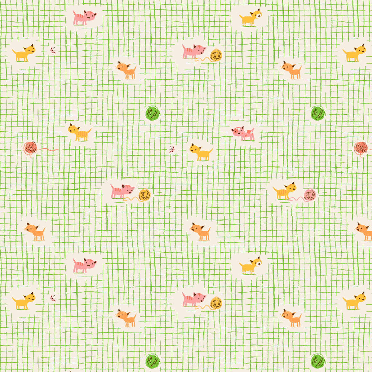 Heather Ross Favorites Kitten Plaid in Green by Heather Ross for Windham Fabrics – pale green windowpane check with kittens tucked into it (40929D-2)
