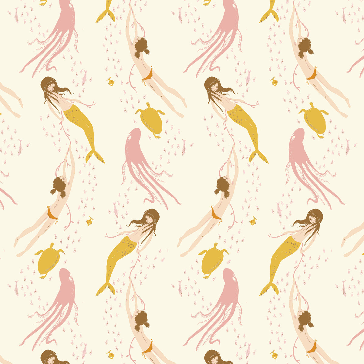 Heather Ross Favorites Underwater Sisters in Blush Pink by Heather Ross for Windham Fabrics – mermaids and swimmers drifting across a pale ground (40943D-11)