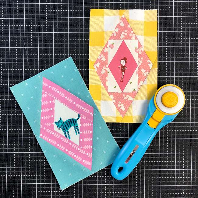 Scrappy Diamond quilt blocks made with the foundation pad