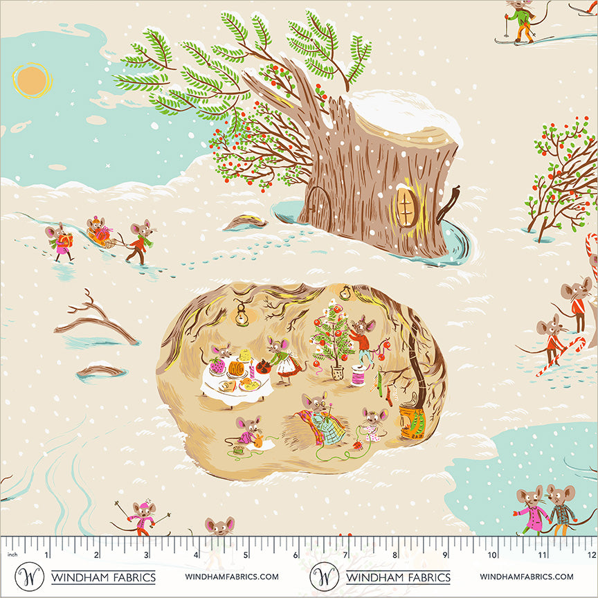 Heather Ross Favorites Christmas Mice in Cream by Heather Ross for Windham Fabrics – shown with a ruler for scale (50165D-10)