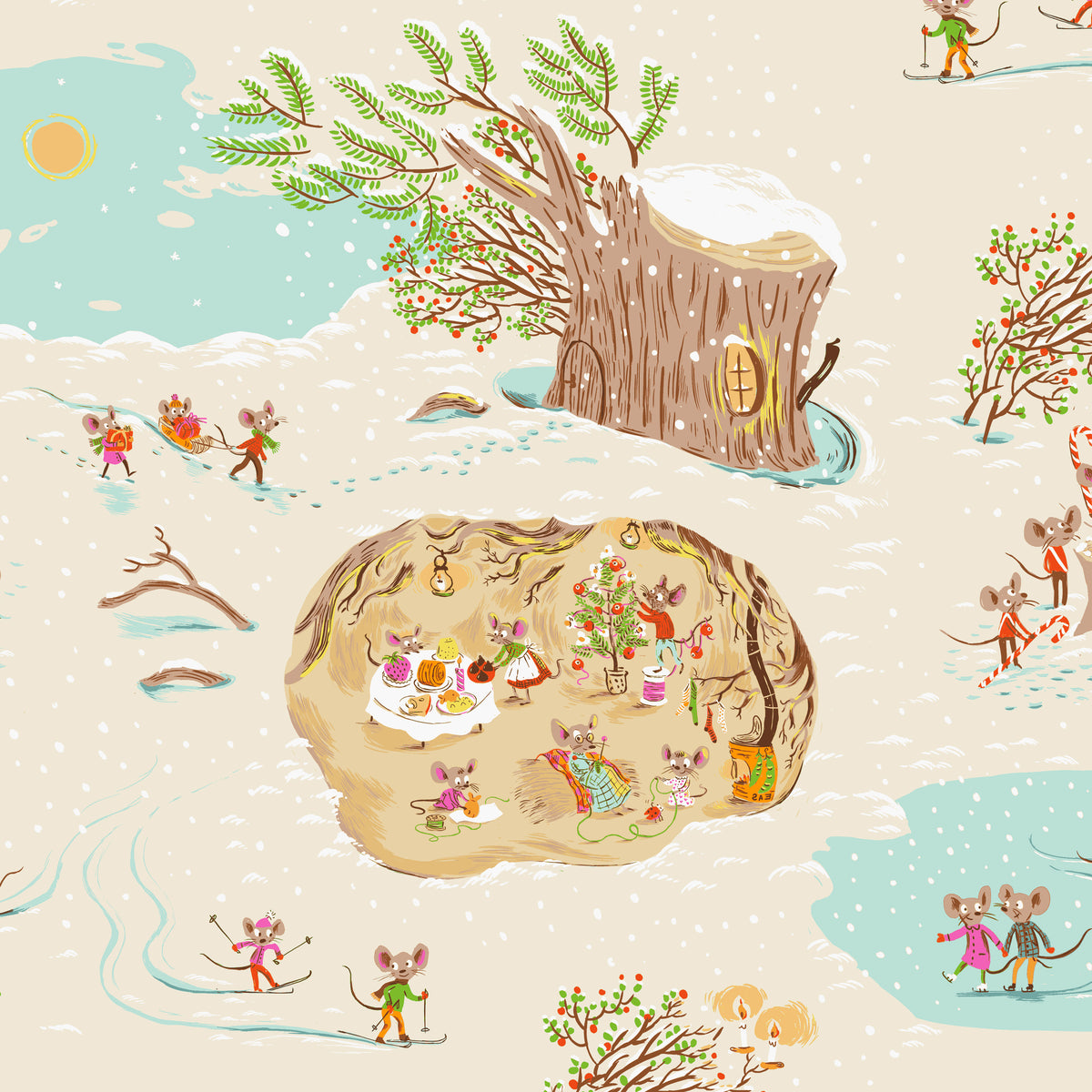 Heather Ross Favorites Christmas Mice in Cream by Heather Ross for Windham Fabrics – a woodland scene of mice around a hollow tree stump (50165D-10)