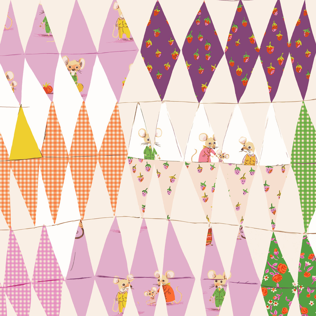 Heather Ross Favorites Trixie Collage in Blush by Heather Ross for Windham Fabrics – rows of bunting and pennant tents in blush, cream and orange (50896D-2)
