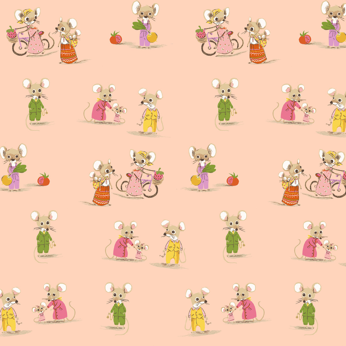 Heather Ross Favorites Country Mouse City Mouse in Blush by Heather Ross for Windham Fabrics – dressed mice from the old fable on soft blush (50897D-2)