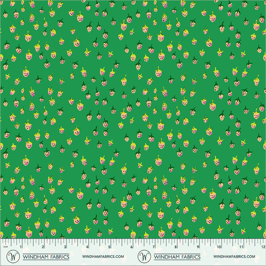 Heather Ross Favorites Field Strawberries in Jade by Heather Ross for Windham Fabrics – shown with a ruler for scale (50899D-12)
