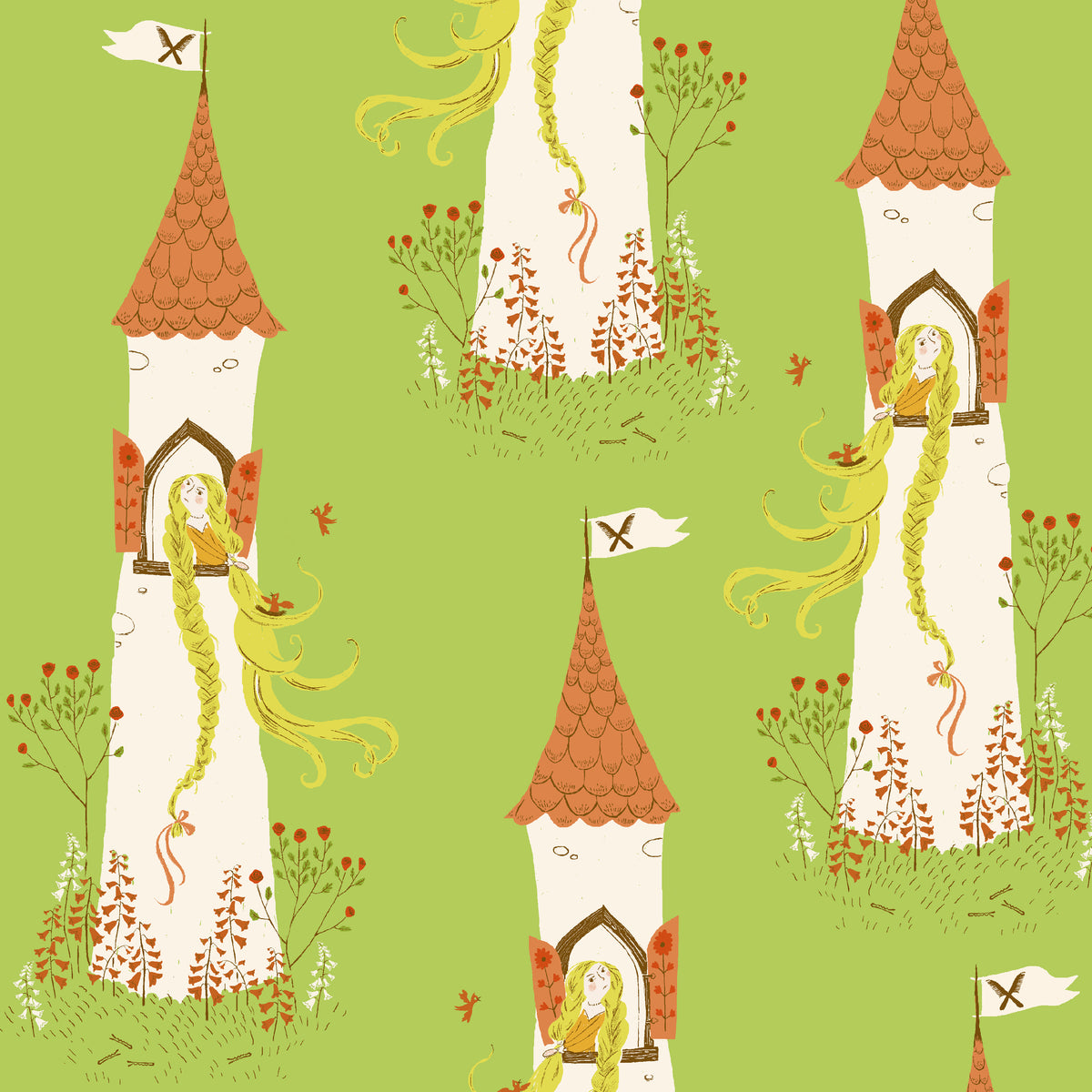 Heather Ross Favorites Rapunzel in Green by Heather Ross for Windham Fabrics – Rapunzel in her tower with her hair spilling down, on soft green (51197D-1)