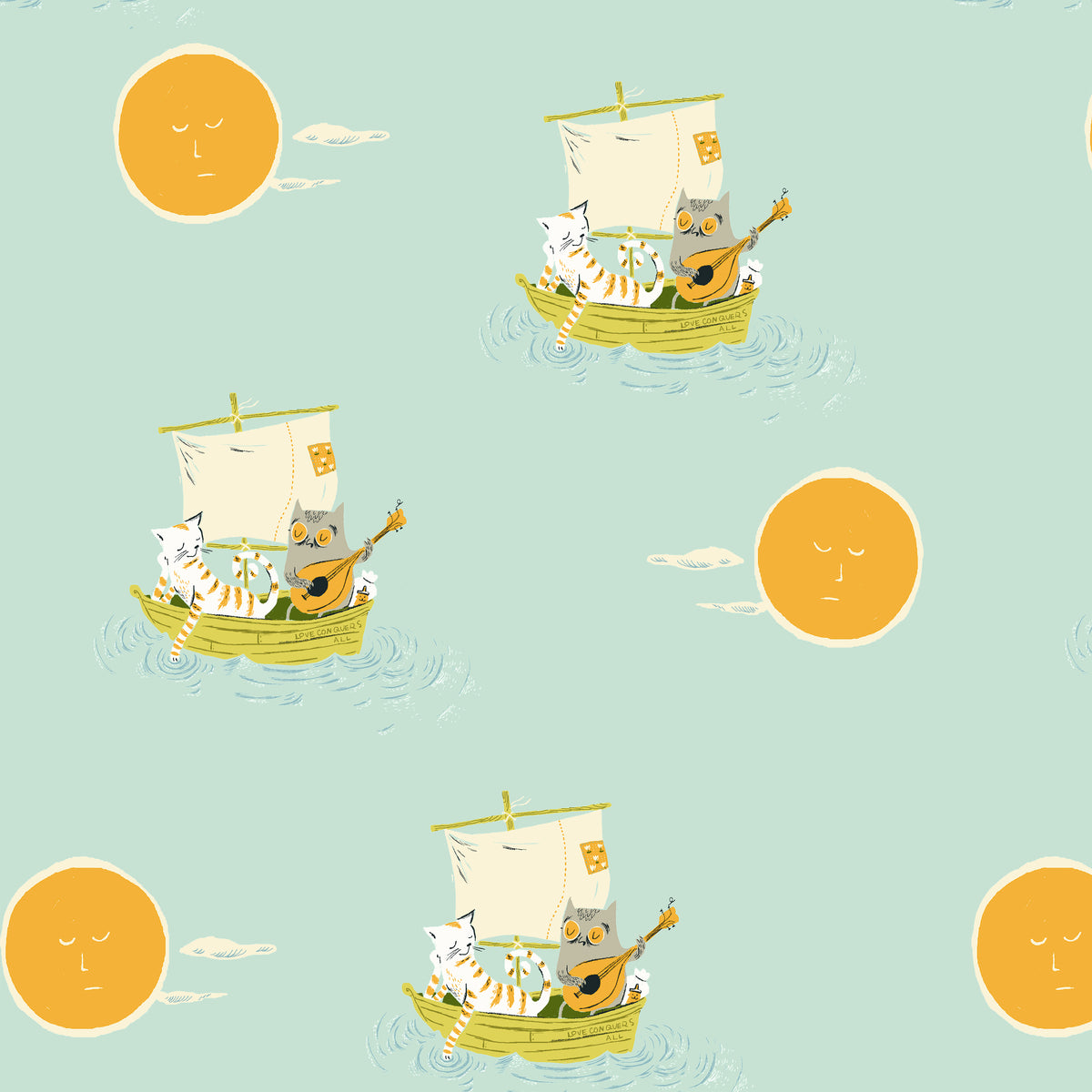 Heather Ross Favorites Owl and the Pussycat in Aqua by Heather Ross for Windham Fabrics – the pea-green boat and a sailing owl on soft aqua (51199D-2)