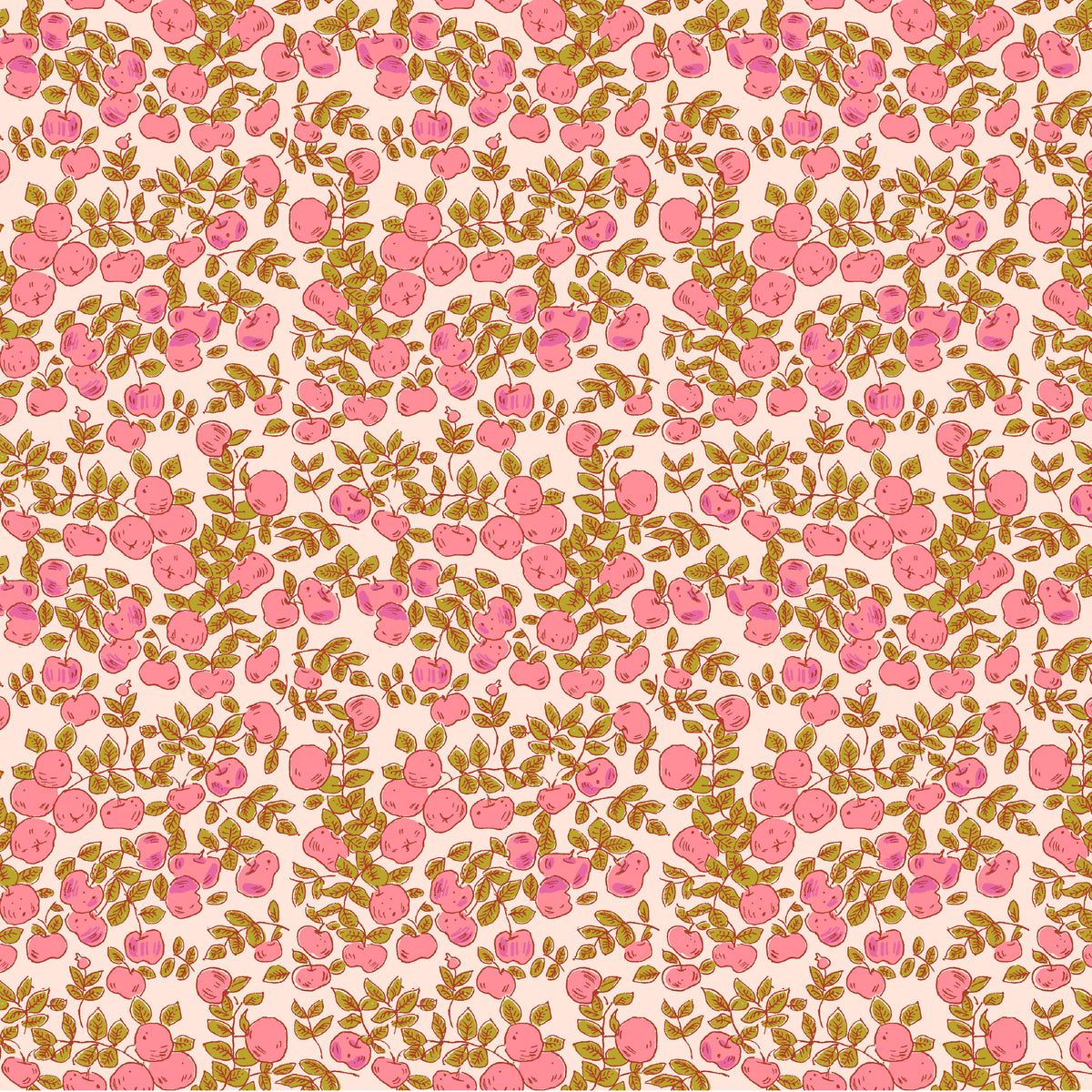 Heather Ross Favorites Apples in Blush by Heather Ross for Windham Fabrics – dense apples and leaves in pink and gold on blush (53849D-1)