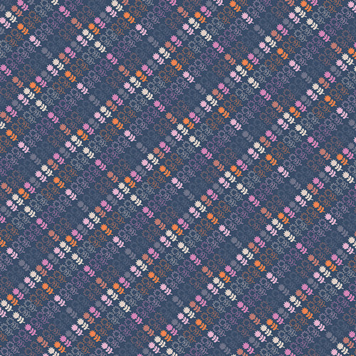 Cinnamon Toast Backyard Plaid quilting cotton – a diagonal plaid built from tiny floral sprigs on navy – by Dana Willard for Art Gallery Fabrics