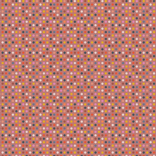 Cinnamon Toast Bright Lite quilting cotton – densely packed multicoloured dots on a coral ground – by Dana Willard for Art Gallery Fabrics