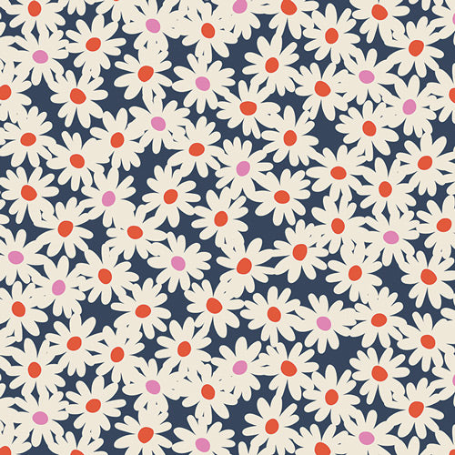 Cinnamon Toast Curb Appeal quilting cotton – cream daisies packed across a deep navy ground – by Dana Willard for Art Gallery Fabrics