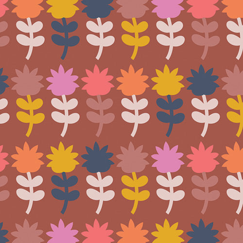 Cinnamon Toast Mini Dutch Bloom Cinnamon quilting cotton – small-scale stylised blooms on a cinnamon-rust ground – by Dana Willard for Art Gallery Fabrics