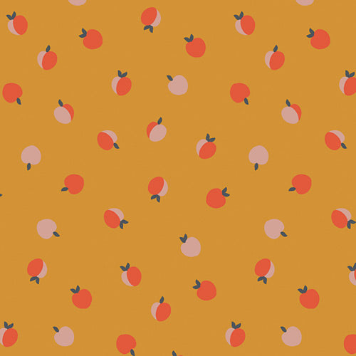Cinnamon Toast Peach Cobbler quilting cotton – tossed peaches on a golden mustard ground – by Dana Willard for Art Gallery Fabrics
