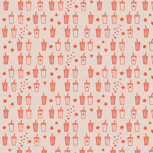 Cinnamon Toast Soda Popinski quilting cotton – red line-drawn soda cups, stars and hearts on a pale blush ground – by Dana Willard for Art Gallery Fabrics