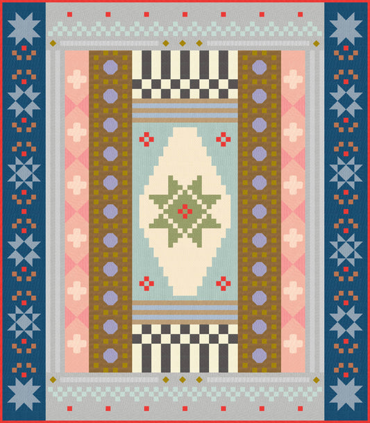 Digital mock-up of the Homespun Collective quilt in the Cover Version colourway. Features pinks, corals, butter yellow, lavender, soft teals, and deep plum tones in a geometric sampler layout with borders and motifs.