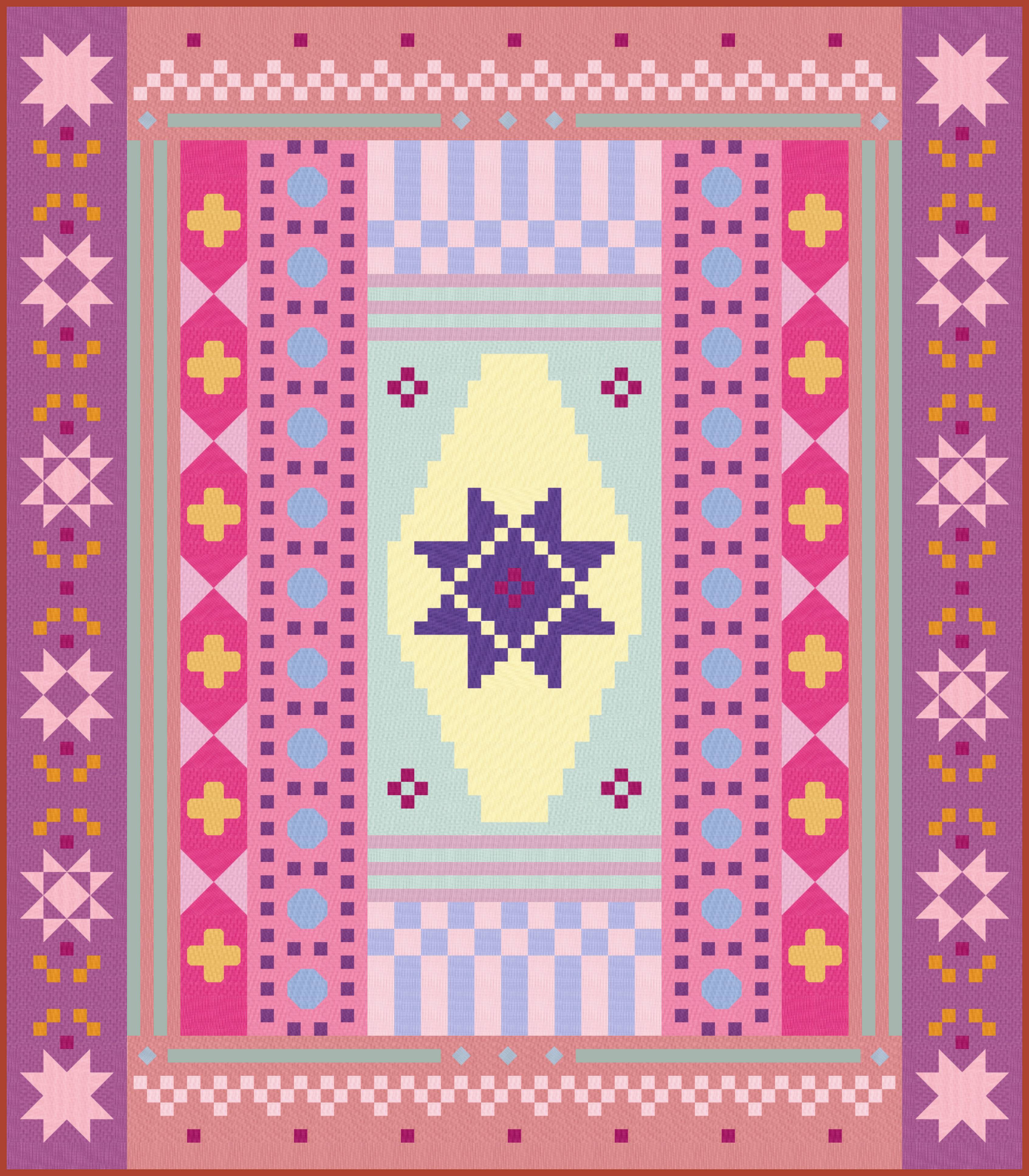 Digital mock-up of the Homespun Collective quilt in the Angie & Coco colourway. Playful mix of bright pinks, soft teal, mustard, lilac, and warm neutrals in a bold geometric sampler layout.