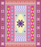 Digital mock-up of the Homespun Collective quilt in the Angie & Coco colourway. Playful mix of bright pinks, soft teal, mustard, lilac, and warm neutrals in a bold geometric sampler layout.