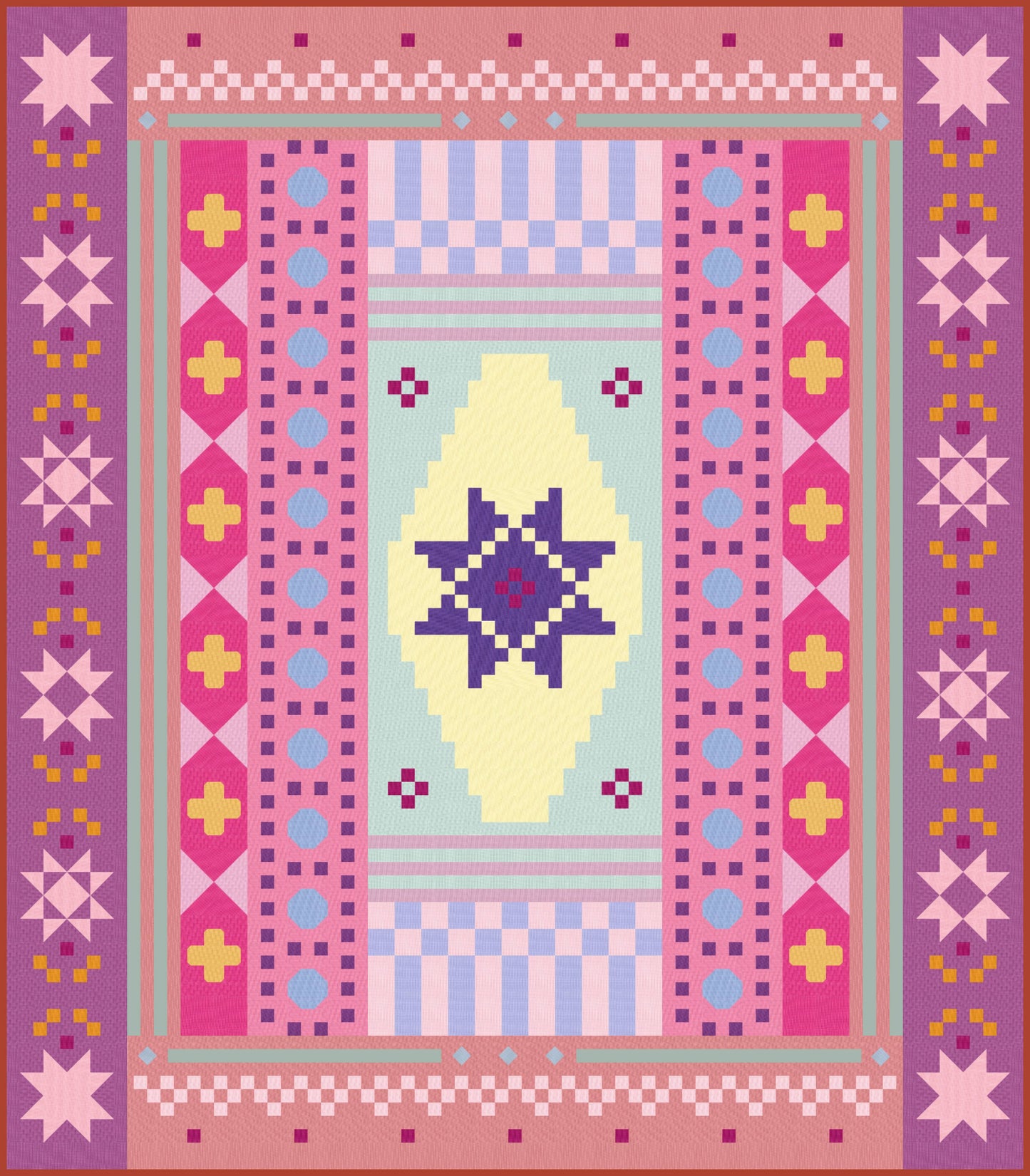 Digital mock-up of the Homespun Collective quilt in the Angie & Coco colourway. Playful mix of bright pinks, soft teal, mustard, lilac, and warm neutrals in a bold geometric sampler layout.