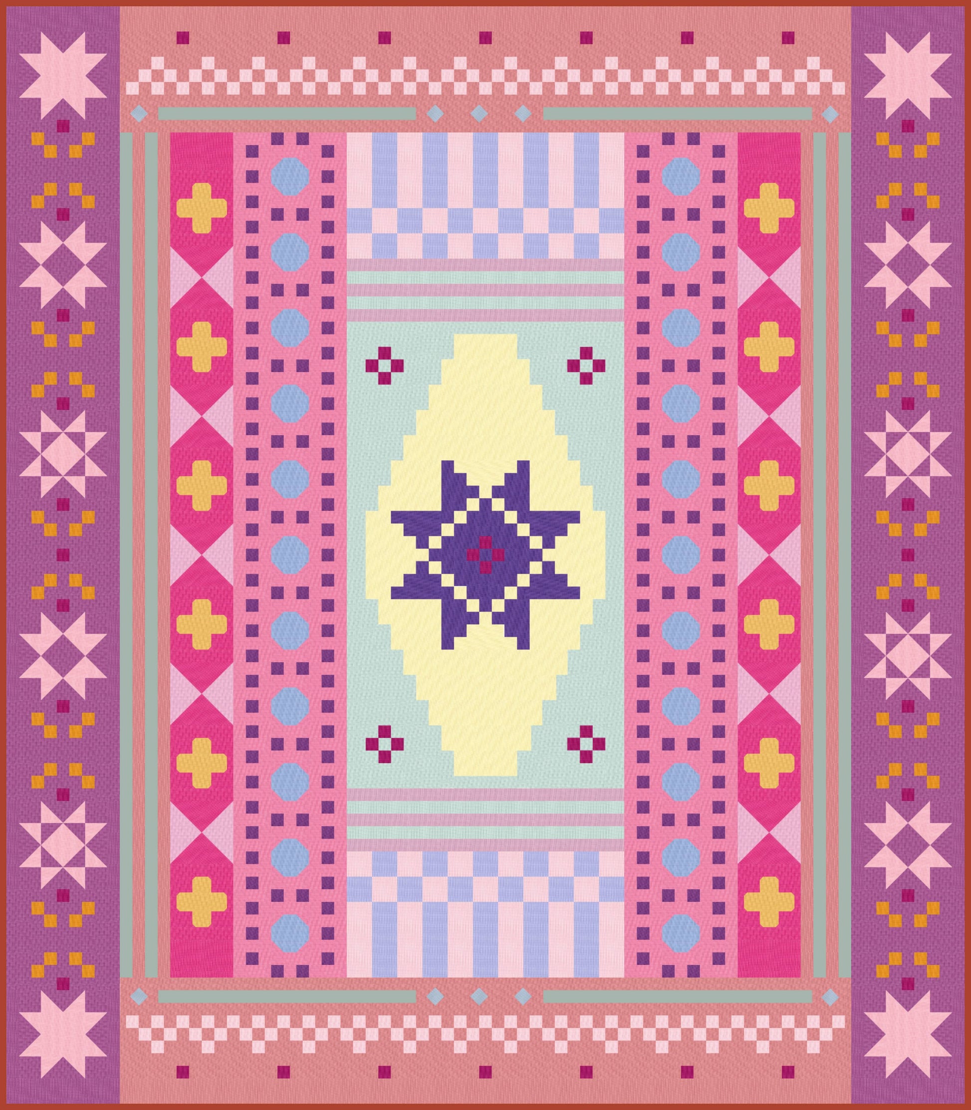 Digital mock-up of the Homespun Collective quilt in the Angie & Coco colourway. Playful mix of bright pinks, soft teal, mustard, lilac, and warm neutrals in a bold geometric sampler layout.