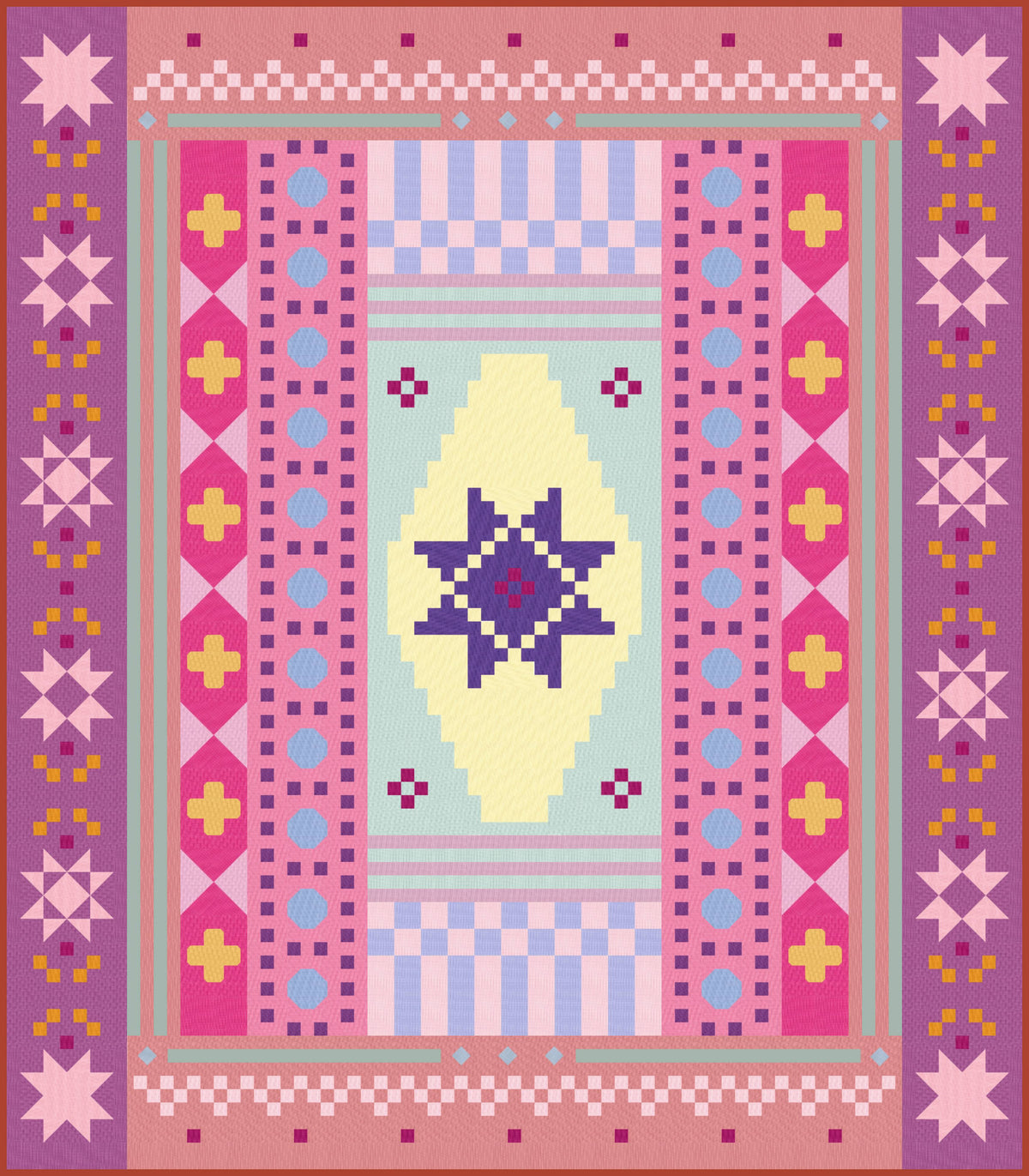 Digital mock-up of the Homespun Collective quilt in the Angie & Coco colourway. Playful mix of bright pinks, soft teal, mustard, lilac, and warm neutrals in a bold geometric sampler layout.