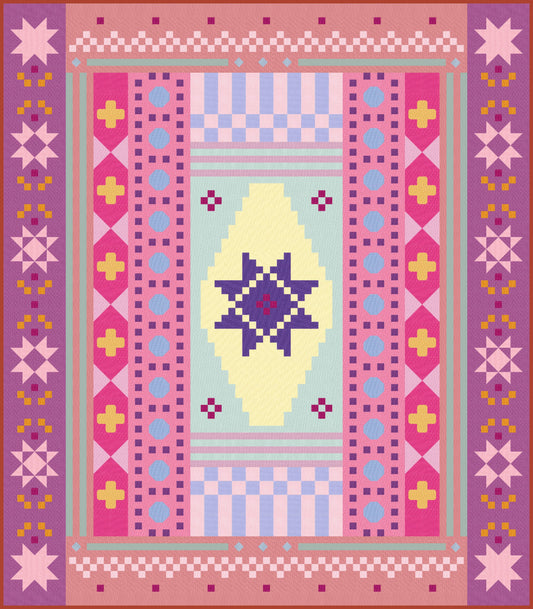 Digital mock-up of the Homespun Collective quilt in the Angie & Coco colourway. Playful mix of bright pinks, soft teal, mustard, lilac, and warm neutrals in a bold geometric sampler layout.