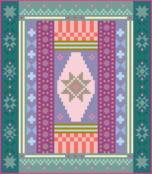 Digital mock-up of the Homespun Collective quilt in the Daydreamer colourway. Soft greens, slate blues, mint, lavender, muted pinks, and gentle olive accents arranged in a modern sampler design.