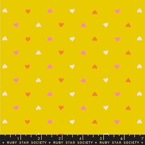 Golden yellow fabric with scattered white hearts – Best Day Ever by Melody Miller Ruby Star Society