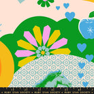 Green fabric with retro icons – Best Day Ever main print by Melody Miller Ruby Star Society