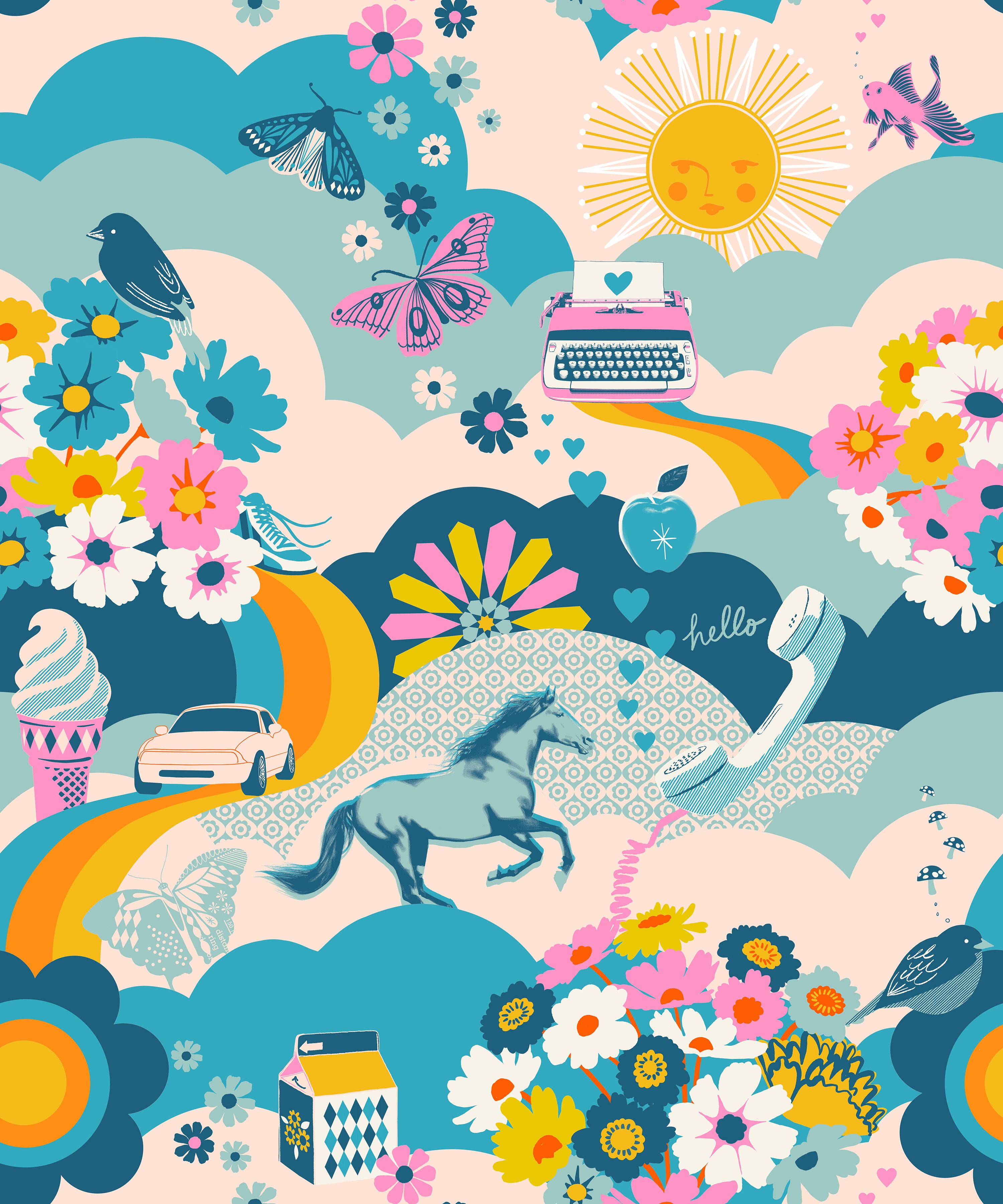 Teal fabric with retro icons – Best Day Ever main print by Melody Miller Ruby Star Society