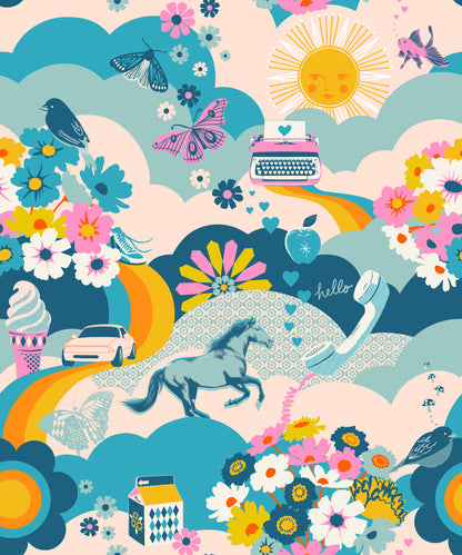 Teal fabric with retro icons – Best Day Ever main print by Melody Miller Ruby Star Society
