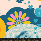 Teal fabric with retro icons – Best Day Ever main print by Melody Miller Ruby Star Society