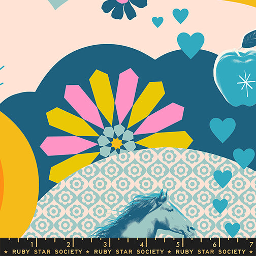 Teal fabric with retro icons – Best Day Ever main print by Melody Miller Ruby Star Society